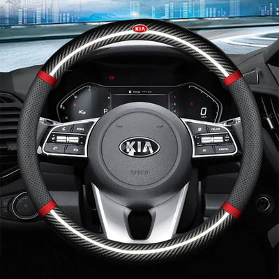 Kia Series Leather Steering Wheel Black Round Top Flat Bottom With Gloss Carbon Fiber